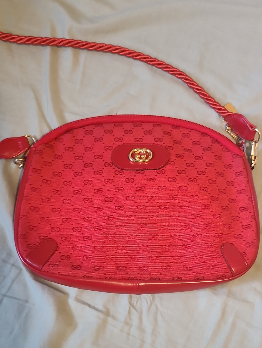 Gucci Vintage Red GG Monogram Crossbody Bag with Gold-Tone Hardware